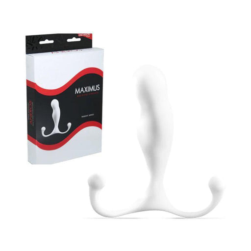 An Aneros Maximus Trident Hands-Free Prostate Stimulator from the Trident Series, crafted in white plastic and featuring a curved design with two spherical ends, is displayed beside its packaging. The predominantly white box, accented with red and black, showcases an image of the stimulator along with the Aneros brand name. The Multi-Axial Motion Architecture provides enhanced prostate stimulation.