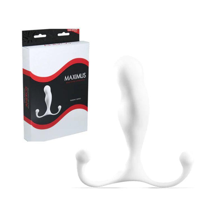 An Aneros Maximus Trident Hands-Free Prostate Stimulator from the Trident Series, crafted in white plastic and featuring a curved design with two spherical ends, is displayed beside its packaging. The predominantly white box, accented with red and black, showcases an image of the stimulator along with the Aneros brand name. The Multi-Axial Motion Architecture provides enhanced prostate stimulation.