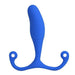 The Aneros MGX Syn Trident Blue Hands-Free Prostate Stimulator by Aneros is a blue silicone prostate massager featuring a curved design with two finger loops at the base for easy handling. The main shaft is smooth and slightly tapered, making it ideal for precise prostate stimulation. This product ensures both comfort and effectiveness.