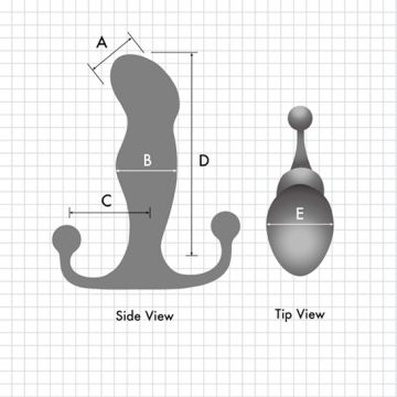 A black-and-white diagram of the Aneros Progasm Black Ice Hands-Free Prostate Stimulator (Large) made from FDA-approved plastic on a grid background. The side view shows measurement labels A, B, C, and D, while the tip view shows label E. Designed for prostate stimulation, the curved massager includes a handle at the base and is suited for intermediate users.