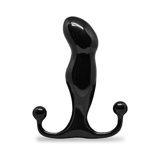 The Aneros Progasm Black Ice Hands-Free Prostate Stimulator (Large) by Aneros is a black, curved, ergonomic massager featuring a smooth, slightly bulbous head and two rounded ends at the base for enhanced stimulation and ease of handling. Ideal for intermediate users, its glossy surface provides a sleek, polished appearance to this waterproof device.