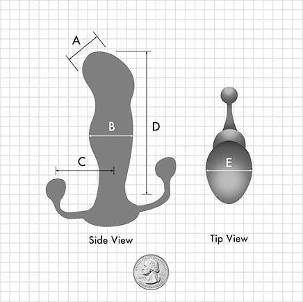 Diagram of the Aneros Progasm Jr. Hands-Free Prostate Stimulator with measurements shown from side and tip views. Side view has labeled parts as A, B, C, and D. Tip view labels part E. An American quarter is included for size reference at the bottom. The background features a grid pattern, emphasizing the advanced massager design by Aneros for enhanced sexual health benefits.