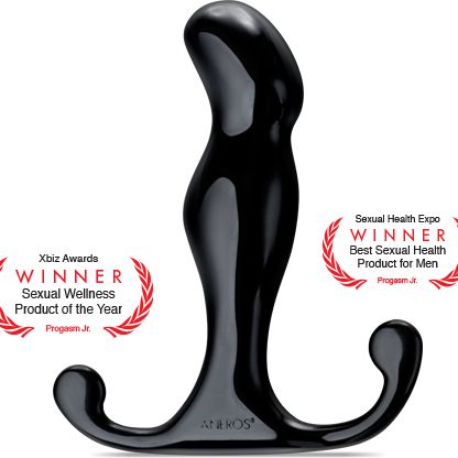 A black Aneros Progasm Jr. Hands-Free Prostate Stimulator stands upright against a white background. It features a smooth, curved design with two handles at the base. Red award badges on both sides of this advanced massager read "WINNER Sexual Wellness Product of the Year" and "WINNER Best Sexual Health Product for Men.