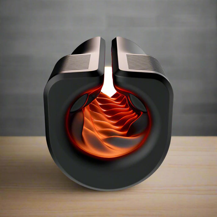 A cross-section of a black Arcwave Zing Adjustable Vibrating Silicone Masturbator reveals a glowing, wavy orange interior reminiscent of energy flow, placed on a light wooden surface against a muted background.