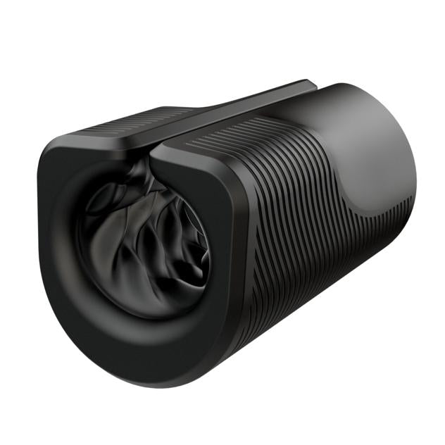 The Arcwave Zing Adjustable Vibrating Silicone Masturbator—a black, cylindrical stroker with a grooved exterior and soft, flexible inner lining—appears against a white background.