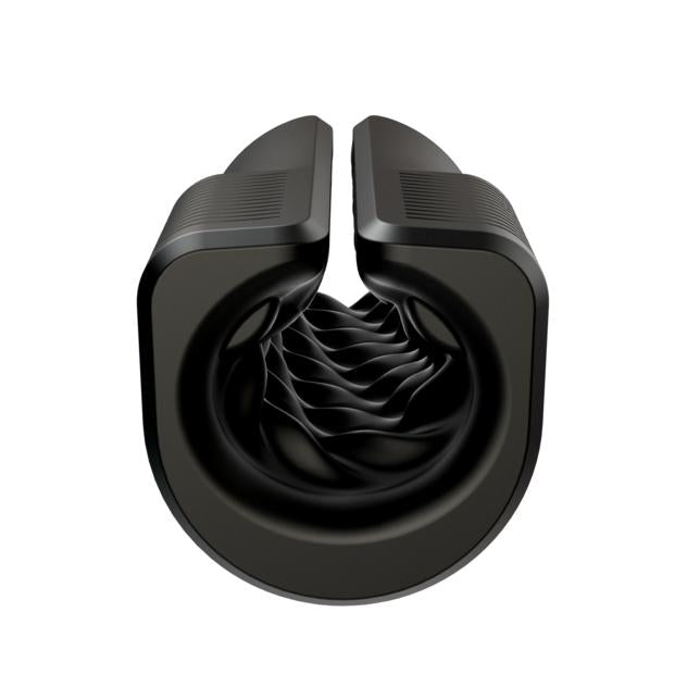 A close-up, front-facing view of the Arcwave Zing Adjustable Vibrating Silicone Masturbator—a sleek, black, cylindrical device with a spiral-ridged interior and open top, resembling a modern stylized tunnel.