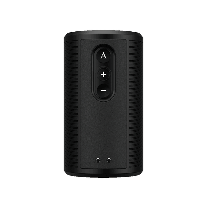 The Arcwave Zing Adjustable Vibrating Silicone Masturbator is a black, rectangular device with rounded edges, three vertically aligned front buttons (A, plus, minus), and two small circular ports beneath the buttons.