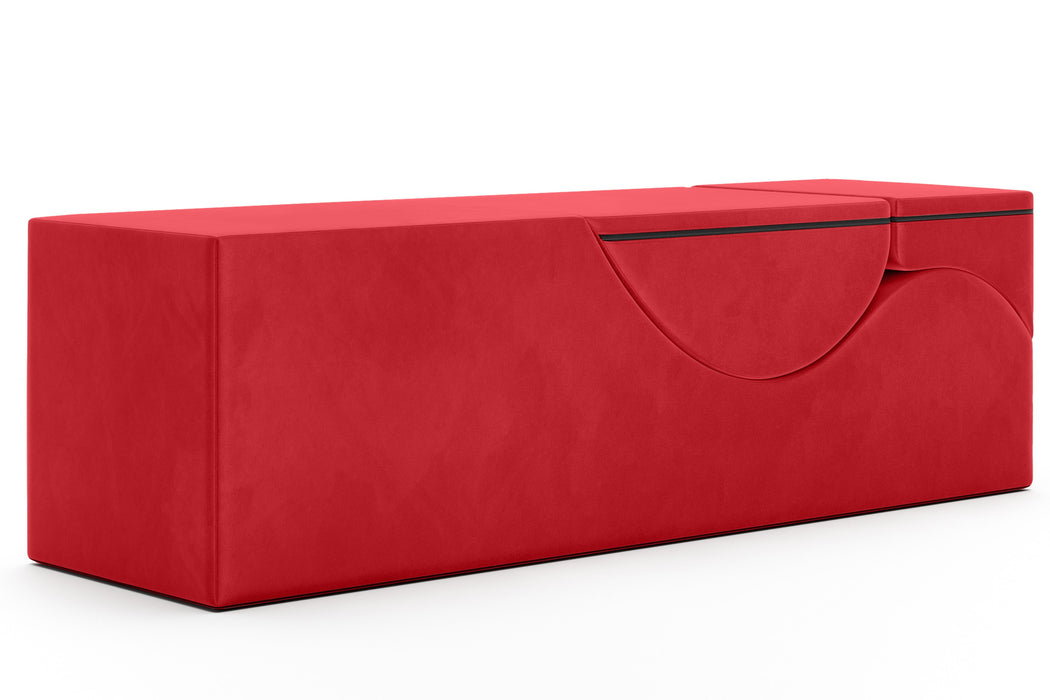The Liberator Aria Flip Chaise Sex Lounger is a modern, rectangular red bench with smooth fabric and an abstract curved seam, designed as a discreet bedroom bench, shown here against a plain white background.