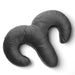 The Liberator Arie Toy Mount Snuggle Pillow features a dark gray, plush design with two curved arms and a central body, shaped like an abstract "M," and includes two discreet vibrator pockets for added comfort.