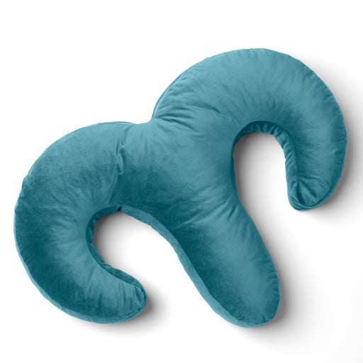The Liberator Arie Toy Mount Snuggle Pillow, featuring a teal velvet S-shape with two curved arms and dual vibrator pockets, is displayed on a white background.