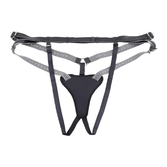 A Sportsheets Aurora High Waisted Adjustable Strap on Harness, with a central joining piece, displayed against a white background.