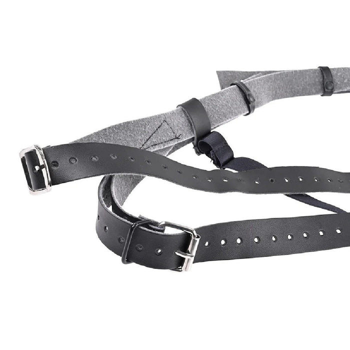 Two intertwined Aurora High Waisted Adjustable Strap on Harness, one black and one gray, against a white background by Sportsheets.