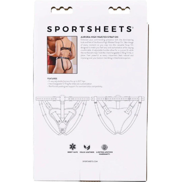 The image shows packaging for a product called "Sportsheets Aurora High Waisted Adjustable Strap on Harness," which includes a photo of a model wearing the strap-on harness. Below the photo are detailed illustrations and descriptions of the product's features, emphasizing the adjustable straps and high-waisted design. The product is targeted towards adults interested in sexual wellness and exploration. The packaging also provides the brand's website for more information.