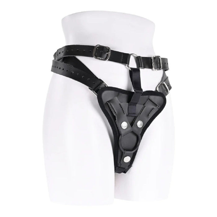 A black Aurora High Waisted Adjustable Strap on Harness displayed on a white mannequin torso by Sportsheets.
