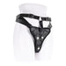 A black Aurora High Waisted Adjustable Strap on Harness displayed on a white mannequin torso by Sportsheets.