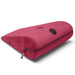 The Liberator Axis Magic Wand Hands-Free Sex Toy Mount, a red wedge-shaped ergonomic pillow with a black circular handle and zippered compartment, is shown on a white background and doubles as a hands-free wand holder.