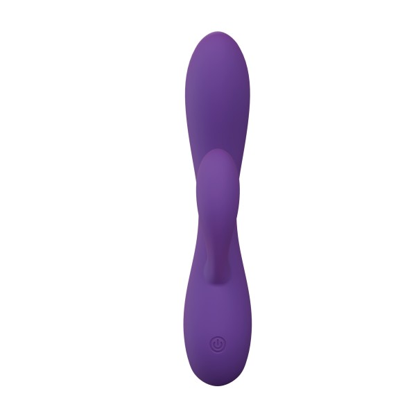 The Fever Dream Beginner G-Spot Rabbit Vibrator is a purple silicone toy with a curved, ergonomic design for G-spot stimulation and a power button near the base, displayed against a white background.