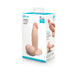 A retail box for the b-Vibe Slipskin Girthy Real Feel 6 Inch Light Tone Silicone Dildo displays images of its realistic design, emphasizing lifelike texture and body-safe silicone features on the packaging.