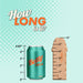 A green Betty Soda can (4.83" tall) stands beside a wooden object with inch marks up to 6", resembling the b-Vibe Slipskin Realistic 6 Inch Girthy Dark Tone Silicone Dildo. Above, text on a blue and white dotted background asks, "How LONG is it?.