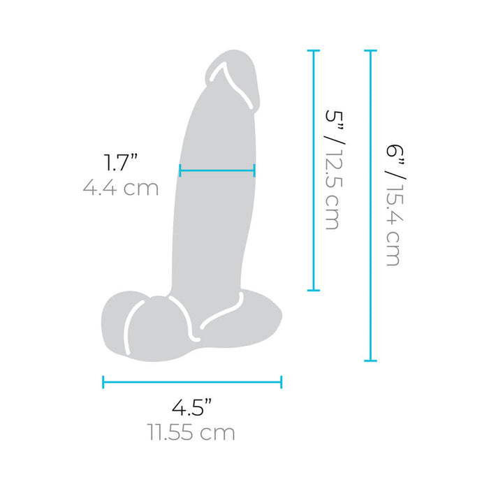 A simple diagram of the b-Vibe Slipskin Realistic 6 Inch Girthy Medium Tone Silicone Dildo shows measurements: 1.7" (4.4 cm) wide, 5" (12.5 cm) tall to shaft, 6" (15.4 cm) total height, and base length is 4.5" (11.55 cm).