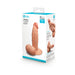 Box packaging for the b-Vibe Slipskin Realistic 6 Inch Girthy Silicone Dildo - Caramel, showing product images and details about size, premium silicone texture, and features on a clean white background.