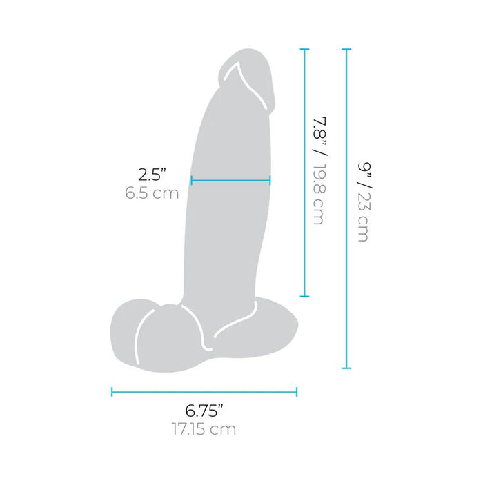 A grey outline of the b-Vibe Slipskin Ultra Realistic Girthy 9 Inch Medium Tone Silicone Dildo is shown with blue lines, displaying its width (2.5 in/6.5 cm), length (7.8 in/19.8 cm), height (9 in/23 cm), and base width (6.75 in/17.15 cm).