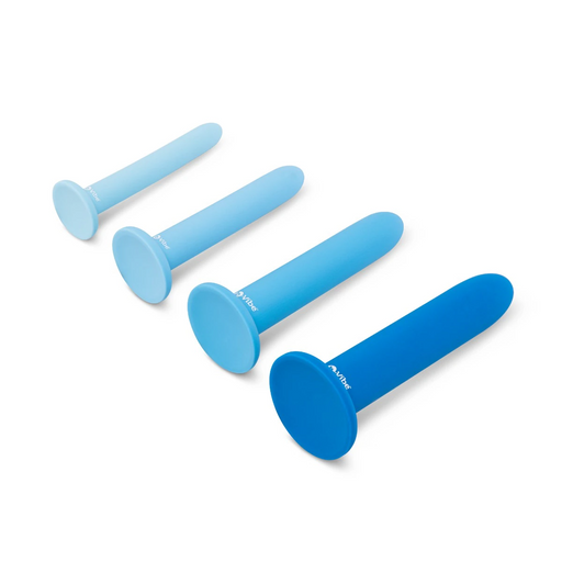 Four blue silicone anal training dilators in increasing sizes with tapered tips and flared safety bases.