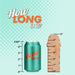 A teal "Betty Soda" can (4.83” tall) stands beside a b-Vibe Slipskin Girthy Real Feel 6 Inch Silicone Dildo - Vanilla Tone, both shown for height. Text above reads: "How LONG is it?.