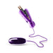 Blush's B Yours First Time Wired Remote Control Power Bullet Vibrator in purple features a clamp-like mechanism connected by a wire to an oval-shaped remote control. This multispeed bullet, ideal for clitoral stimulation, is powered by an AA battery inserted in its compartment.
