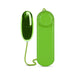 Image of a green remote control connected by a wire to a small green, egg-shaped device. The remote, likely used to modulate the multispeed bullet, features a dial marked "OFF" and "ON," hinting at its role in controlling the Blush B Yours First Time Wired Remote Control Bullet Vibrator – Various Colors, designed for clitoral stimulation.