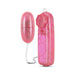 Introducing the B Yours First Time Wired Remote Control Bullet Vibrator by Blush in pink, featuring a glittery remote with several circular buttons and a small indicator light. This multispeed device is designed for clitoral stimulation with a connected egg-shaped component, seamlessly linked to the wired remote.