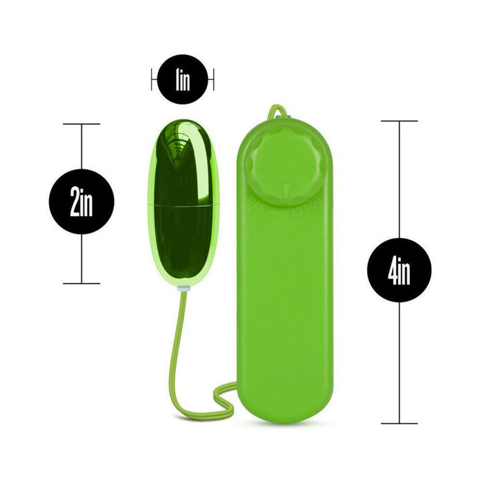 Introducing the Blush B Yours First Time Wired Remote Control Bullet Vibrator - Various Colors: an egg-shaped, multispeed device. The green bullet measures 1 inch in diameter and 2 inches in length, linked by a wire to a 4-inch-long control unit. This Power Bullet is specifically designed for clitoral stimulation with its dimensions clearly labeled on the product.