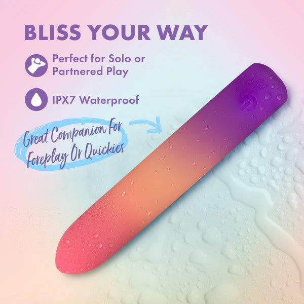 The Sunset Passion Soft Bendable Bullet Vibrator in a pink and purple gradient on a wet surface. Text: "Bliss Your Way. Perfect for Solo or Partnered Play. IPX7 Waterproof. Platinum-cured silicone. Great for Foreplay or Quickies.