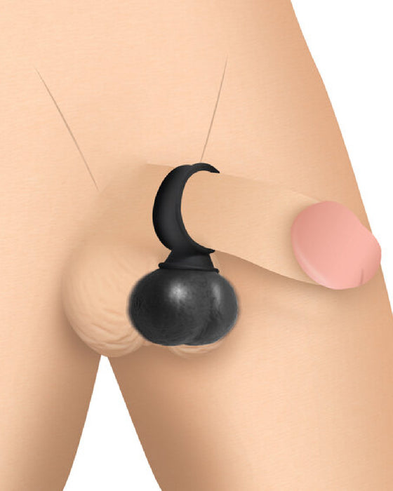 A stylized graphic of the Jock Vibrating Hanging Balls with Remote Large -Black attached to a curled bicep, illustrating the concept of strength and fitness in a whimsical, minimalistic style with USB rechargeable elements.
