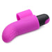 A purple finger vibrator from the BANG! Couple's Cock Ring, Finger Vibe, Bullet & Blindfold Kit by XR Brands, featuring a black remote-controlled bullet vibrator attachment. The purple silicone sleeve is designed to be worn on a finger and boasts a curved, textured surface for enhanced stimulation.