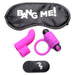 The BANG! Couple's Cock Ring, Finger Vibe, Bullet & Blindfold Kit in Purple by XR Brands includes a blindfold with "BANG ME!" printed on it, a purple vibrating bullet attachment, a silicone love ring with "BANG!" written on it, and a black remote control featuring buttons for device control.