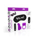 The product packaging features the "BANG! Couple's Cock Ring, Finger Vibe, Bullet & Blindfold Kit - Purple" from XR Brands. It includes a remote-controlled bullet vibrator, a silicone love ring, and a blindfold. The design is predominantly white and purple with bold text and detailed product images.