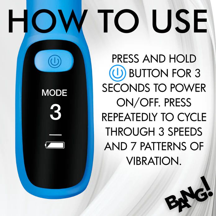 The Bang! First Time G-Spot Vibrator with Digital Display - Blue from XR Brands features a blue and black interface that shows use instructions. The screen displays "Mode 3" along with an icon and directs users to press and hold the power button for 3 seconds to turn the device on or off, cycling through 3 speeds and 7 vibration patterns. At the bottom right of this silicone vibrator is the "BANG!" brand marking.