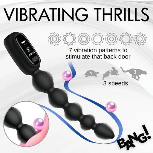 A black Bang! Silicone Vibrating Anal Beads with Digital Display, from XR Brands, is shown featuring beaded graduated sizes and an LED display labeled "Mode" and "3." Text on the image reads "Vibrating Thrills" and describes "7 vibrating patterns to stimulate that back door" with "3 speeds." Icons and visual effects further highlight its features.