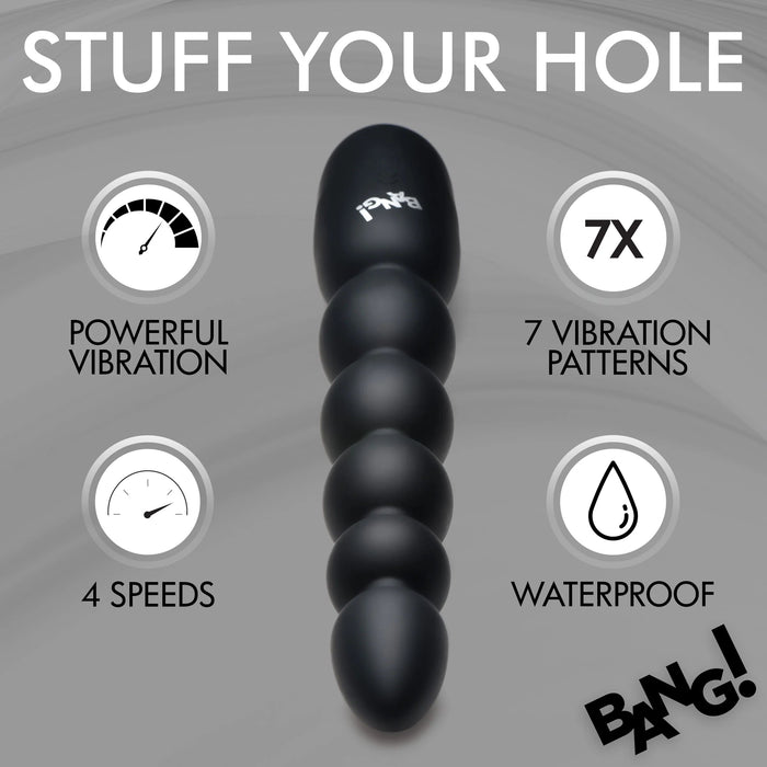 Shown is an image of the Bang! Silicone Vibrating Anal Beads with Digital Display - Black by XR Brands, featuring descriptive text: "STUFF YOUR HOLE" at the top and "BANG!" at the bottom. Surrounding the product are icons highlighting its features: "Powerful Vibration," "4 Speeds," "7 Vibrating Patterns," and "Waterproof." The anal beads are designed with a graduated size to enhance pleasure.