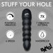 Shown is an image of the Bang! Silicone Vibrating Anal Beads with Digital Display - Black by XR Brands, featuring descriptive text: "STUFF YOUR HOLE" at the top and "BANG!" at the bottom. Surrounding the product are icons highlighting its features: "Powerful Vibration," "4 Speeds," "7 Vibrating Patterns," and "Waterproof." The anal beads are designed with a graduated size to enhance pleasure.