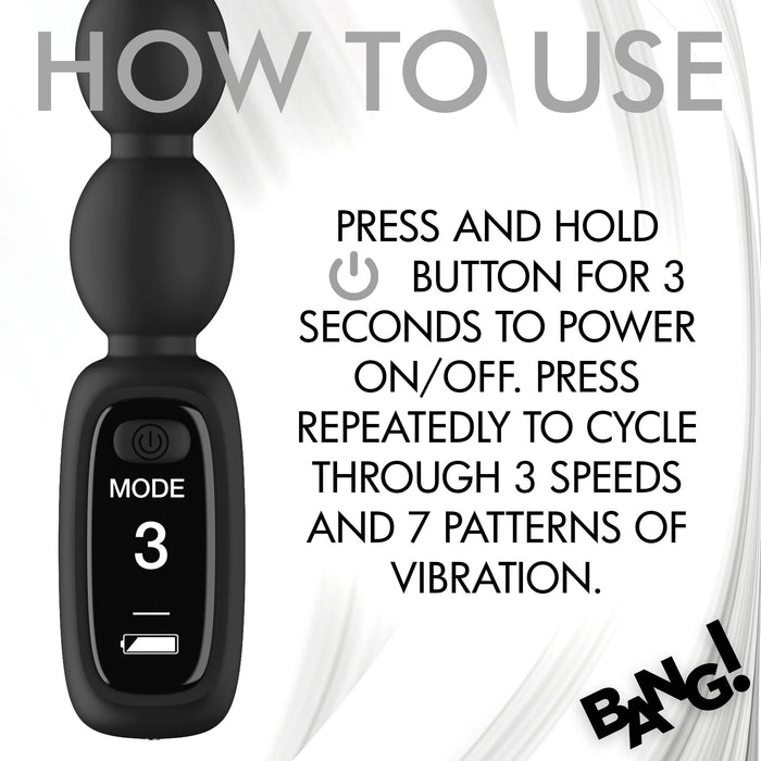 An instructional graphic illustrating how to use the Bang! Silicone Vibrating Anal Beads with Digital Display - Black by XR Brands. The text explains to press and hold the power button for 3 seconds to turn it on or off, and to press repeatedly to cycle through 3 speeds and 7 vibrating patterns. The word "Bang!" is displayed at the bottom right.