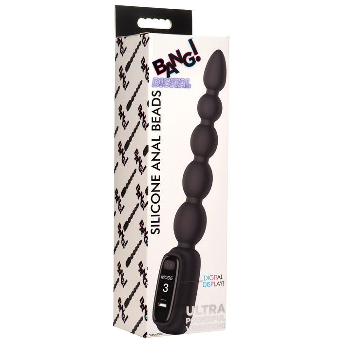 A retail box for the "Bang! Silicone Vibrating Anal Beads with Digital Display - Black" by XR Brands features an image of the black, beaded product along with the branding "BANG! DIGITAL." The packaging highlights graduated sizes, various vibrating patterns, and an ultra-powerful feature.
