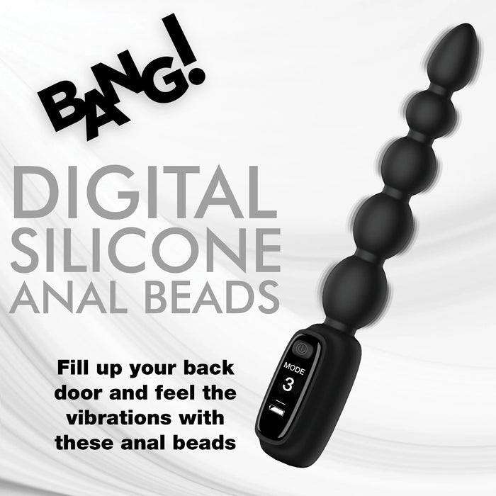 A photograph showcases the Bang! Silicone Vibrating Anal Beads with Digital Display by XR Brands, featuring four graduated silicone beads and a control panel set to "Mode 3" against a white background. The accompanying text reads, "BANG! DIGITAL SILICONE ANAL BEADS. Experience various vibrations as you fill up your back door with these uniquely patterned anal beads.