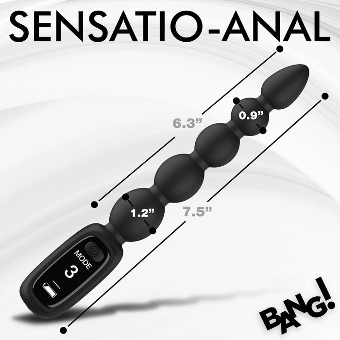 The Bang! Silicone Vibrating Anal Beads with Digital Display by XR Brands is showcased against a white background. This black, beaded, remote-controlled sex toy features a digital screen displaying "Mode 3" and offers various vibrating patterns. With measurements provided in inches, its graduated size ranges from 0.9 to 1.2 inches in diameter along its total length of 7.5 inches. The text "SENSATIO-ANAL" is prominently displayed at the top.