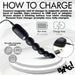 Image of instructions for charging the Bang! Silicone Vibrating Anal Beads with Digital Display - Black by XR Brands. The instructions state: "Connect the magnetic end of the charger to magnetic points on back of handle, then connect to USB port or adapter. Screen shows a blinking battery icon while charging. Remove promptly once fully charged." Runtime is up to 80 minutes; charge time is 2 hours. There is a depiction of versatile charging methods, including a USB port.