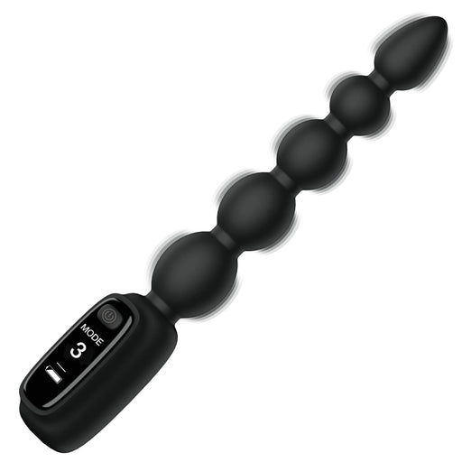 The Bang! Silicone Vibrating Anal Beads with Digital Display - Black by XR Brands is a black, silicone sex toy featuring a sleek design and vibrating capabilities. This beaded anal toy showcases multiple rounded beads that gradually increase in size from the base to the tip. The handle includes a digital display showing "MODE 3," along with a power button and other controls.