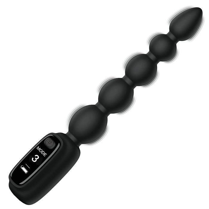 The Bang! Silicone Vibrating Anal Beads with Digital Display - Black by XR Brands is a black, silicone sex toy featuring a sleek design and vibrating capabilities. This beaded anal toy showcases multiple rounded beads that gradually increase in size from the base to the tip. The handle includes a digital display showing "MODE 3," along with a power button and other controls.