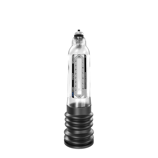 A transparent cylindrical device with black accordion-like ridges at the base, featuring an internal scale and control markings, appears to be a Bathmate Hydro 7 Penis Pump - Clear by Bathmate. This device seems designed for industrial or mechanical purposes.