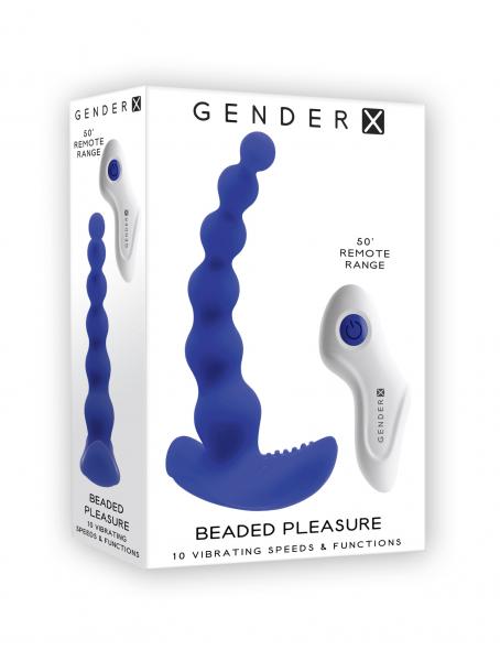 A white box with the brand name "Evolved Novelties" at the top contains a Beaded Pleasure Remote Control Vibrating Anal Beads made from blue silicone, featuring a curved handle and a white remote control. The box highlights features like a 50-foot remote range and 10 vibrating speeds and functions.
